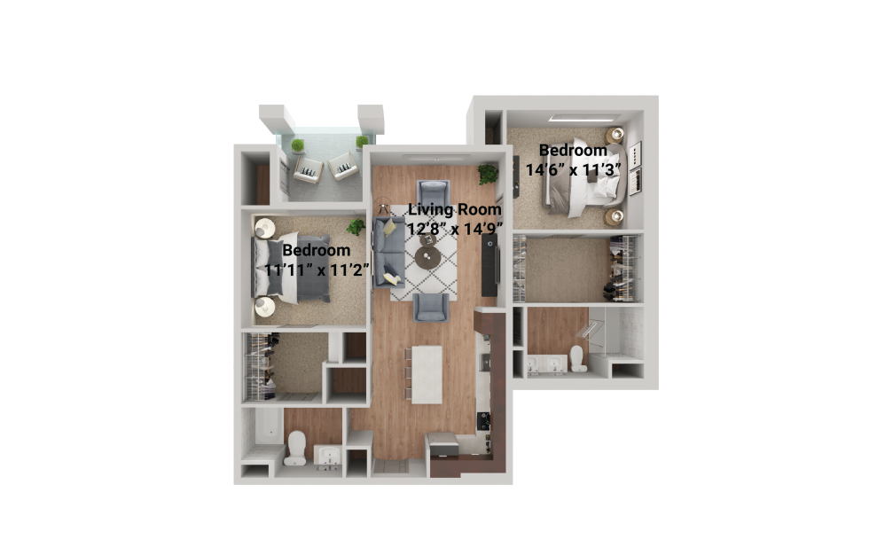 Palm - 2 bedroom floorplan layout with 2 baths and 1071 square feet.