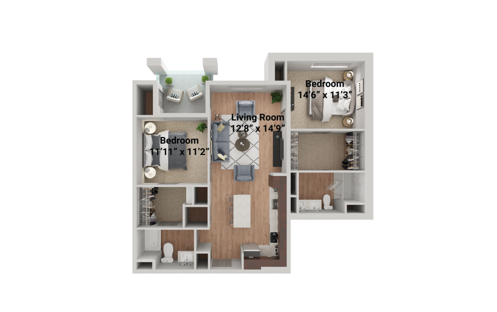 Palm - 2 bedroom floorplan layout with 2 bathrooms and 1071 square feet