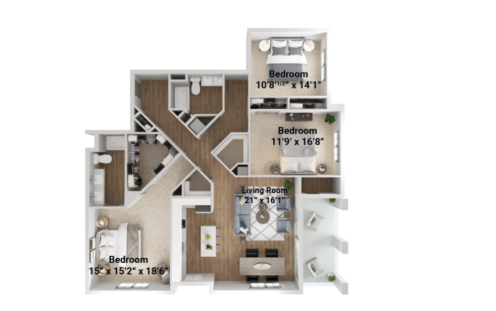 Redwood - 3 bedroom floorplan layout with 2 baths and 1713 square feet.