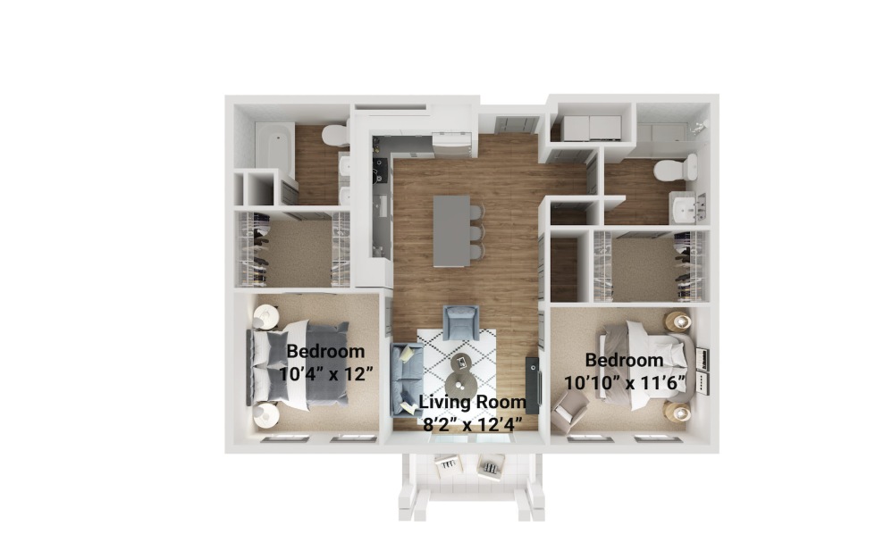 Cherry - 2 bedroom floorplan layout with 2 bathrooms and 1104 square feet