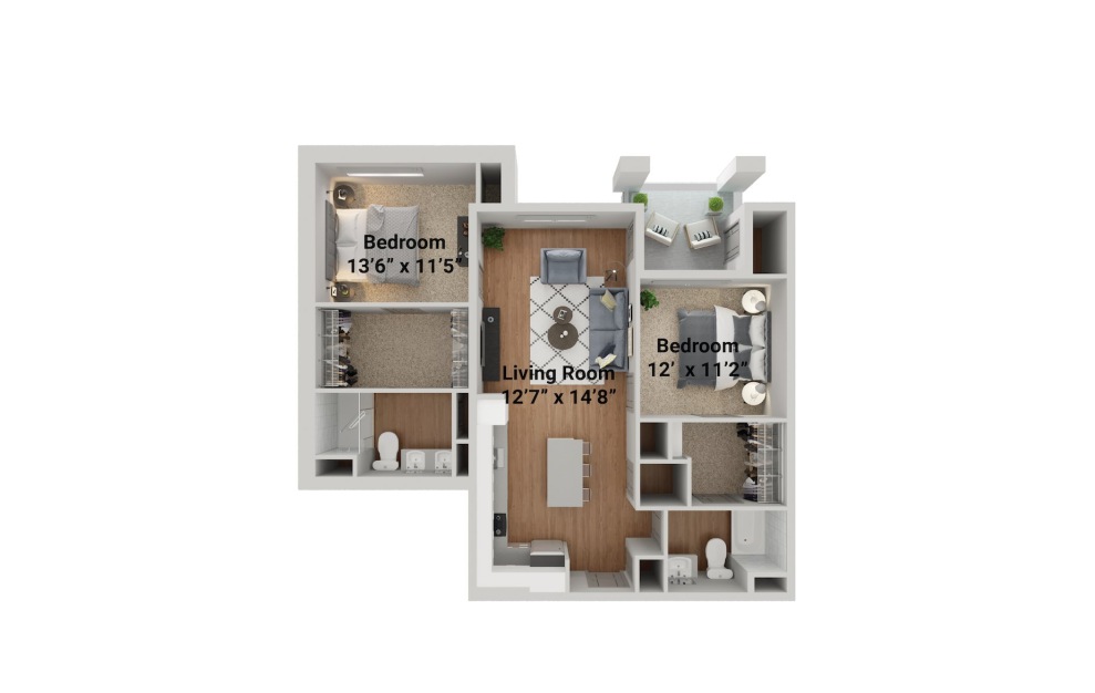 Hawthorn - 2 bedroom floorplan layout with 2 baths and 1078 square feet.
