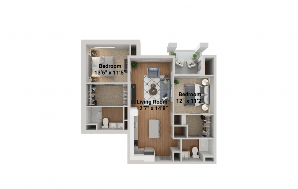 Hawthorn - 2 bedroom floorplan layout with 2 baths and 1078 square feet.