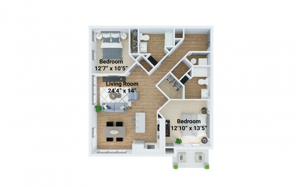 Maple - 2 bedroom floorplan layout with 2 baths and 1200 square feet.