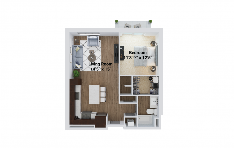 Oak - 1 bedroom floorplan layout with 1 bath and 802 square feet.