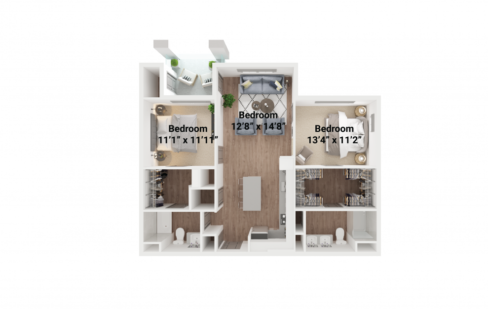 Spruce - 2 bedroom floorplan layout with 2 baths and 1062 square feet.
