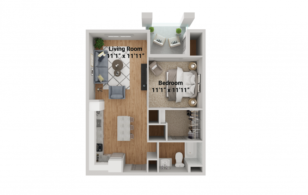 Tulip - 1 bedroom floorplan layout with 1 bath and 710 square feet.
